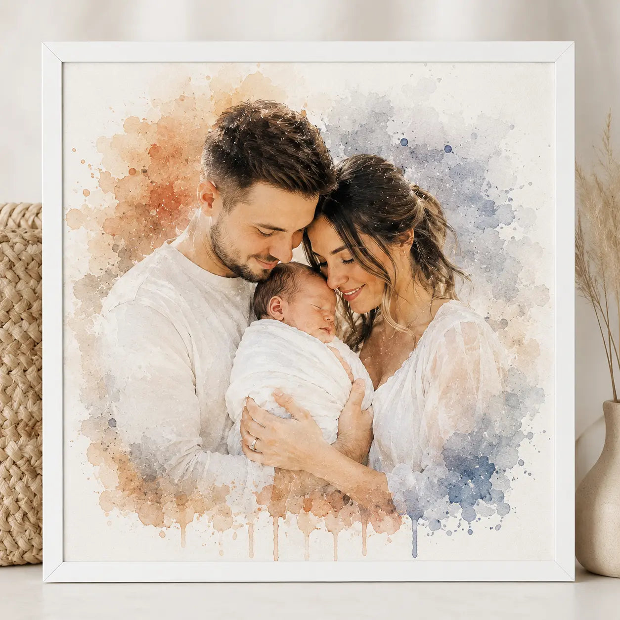 Welcome Baby Keepsake Artwork Personalised Newborn Watercolour Portrait from Photo
