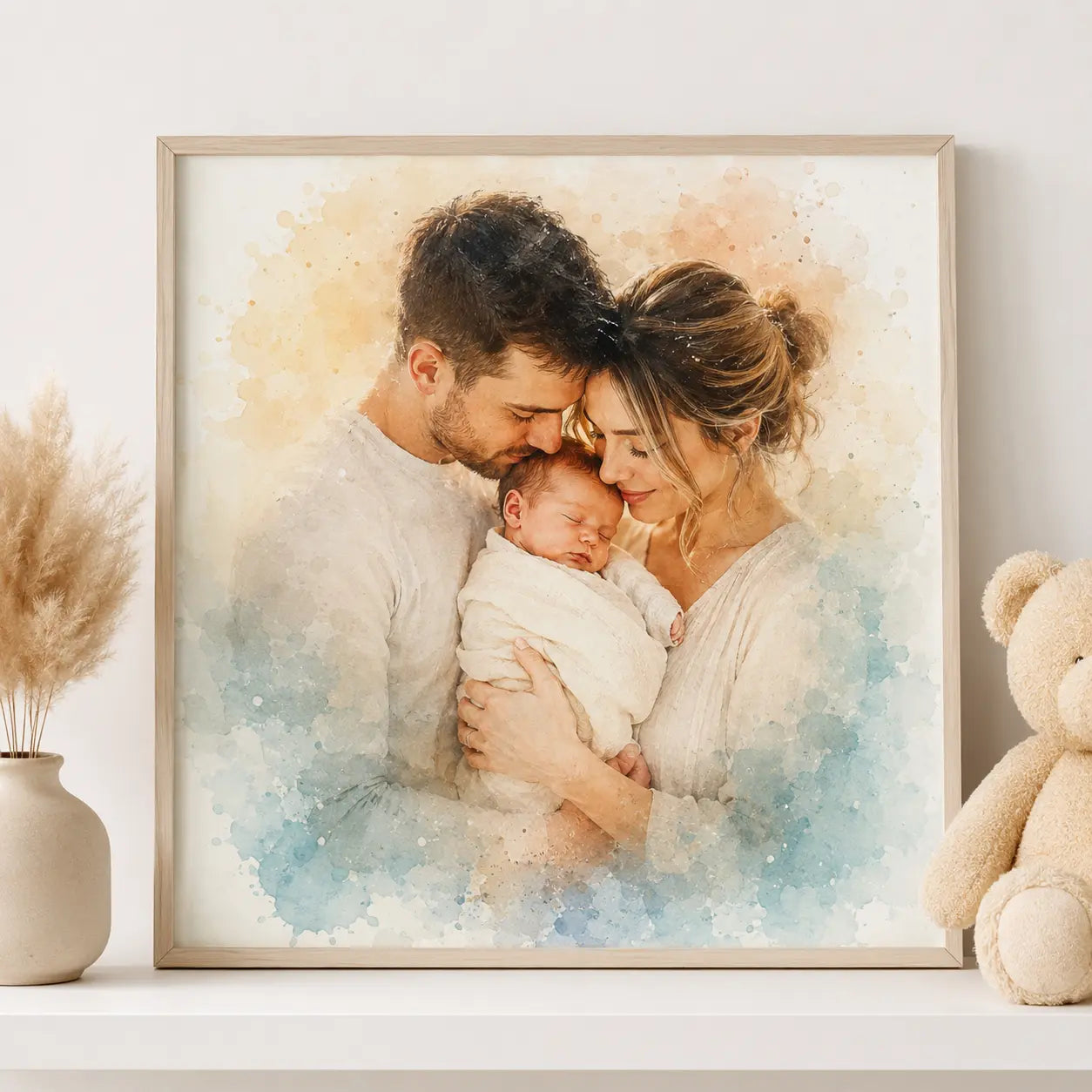 Welcome Baby Keepsake Artwork Personalised Newborn Watercolour Portrait from Photo