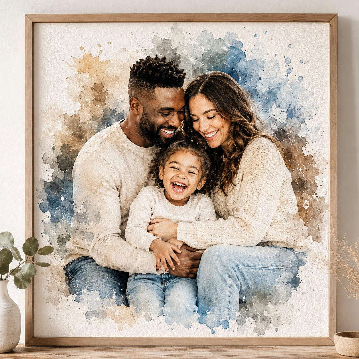 Modern Family Portrait from Photo Personalised Watercolour Family Wall Art Keepsake