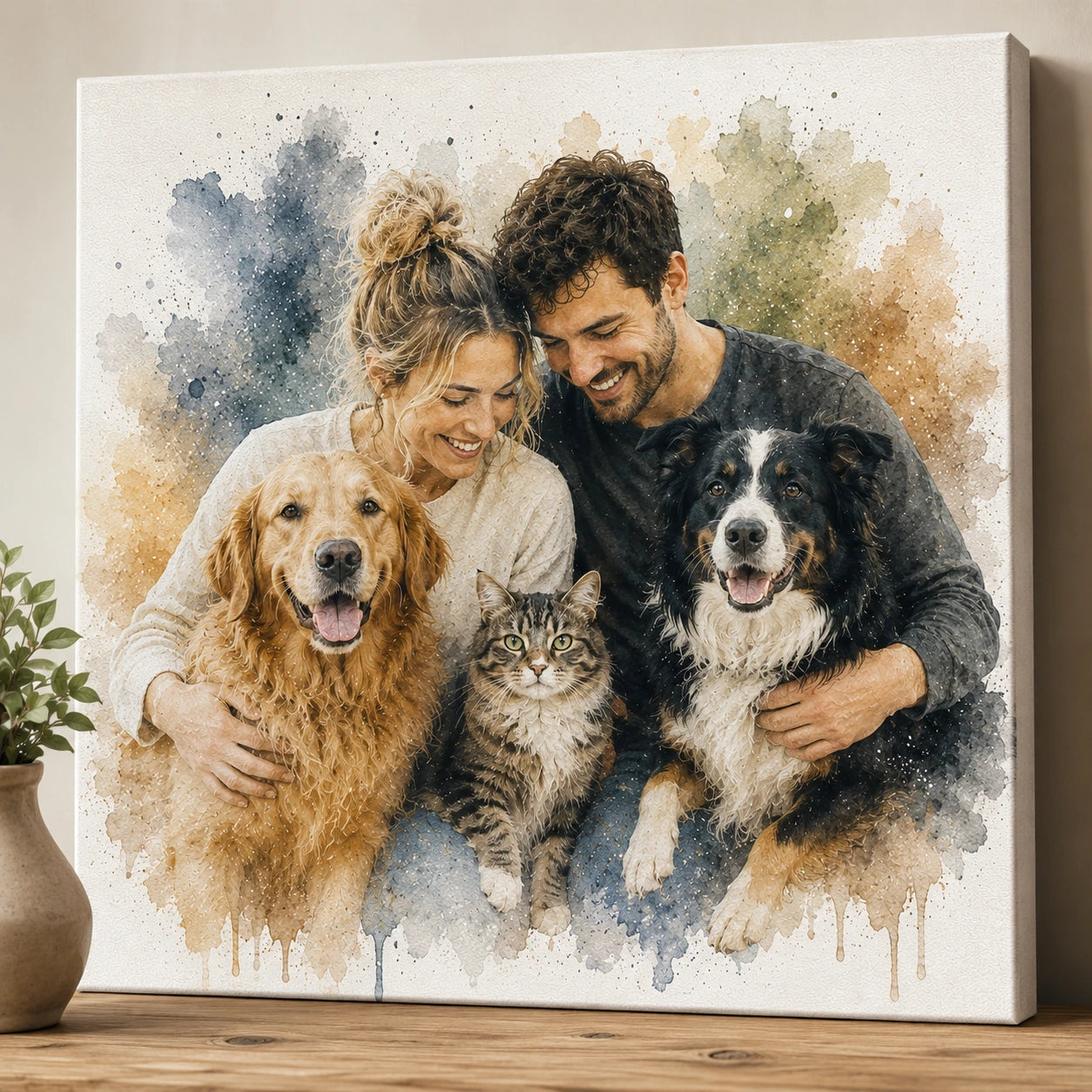 Custom Multi Pet Watercolour Portrait from Photo Personalised Dog and Cat Family Pet Artwork