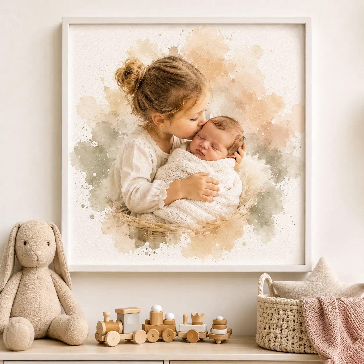Nursery Keepsake Artwork Personalised Baby Watercolour Portrait from Photo