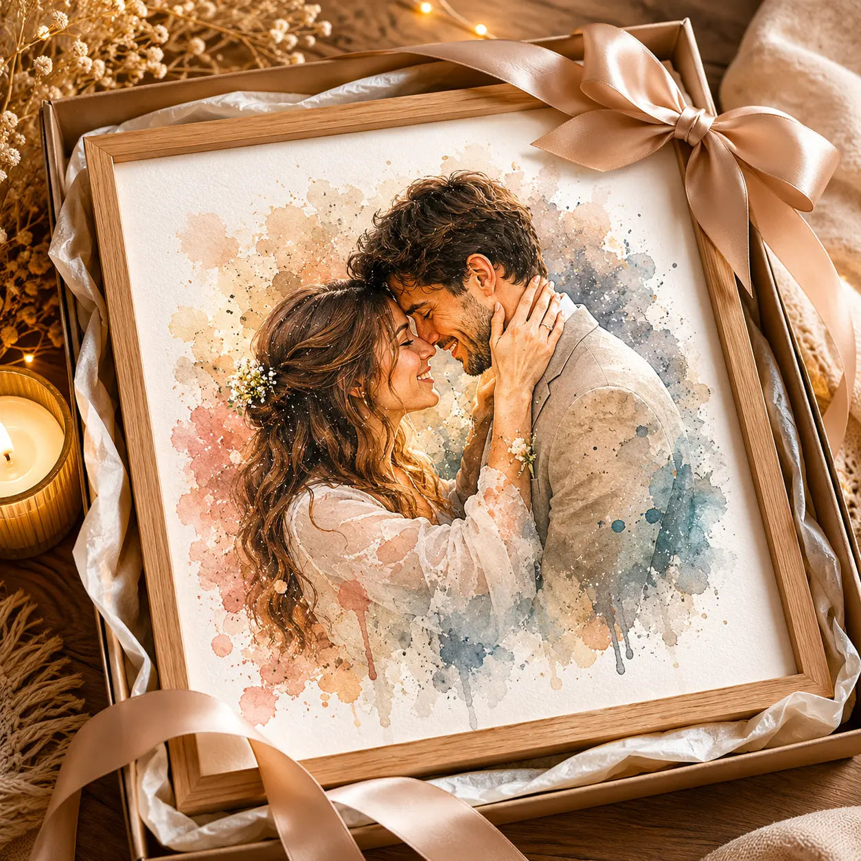 Romantic Personalised Portrait from Photo Ready to Gift Couple Watercolour Artwork