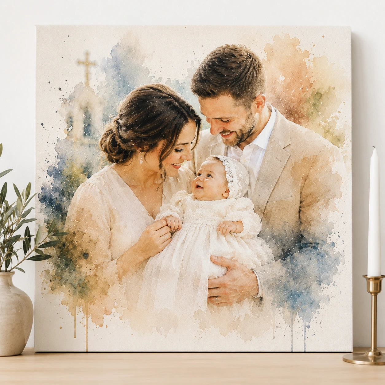 Custom Christening Portrait from Photo Personalised Baptism Watercolour Baby Gift