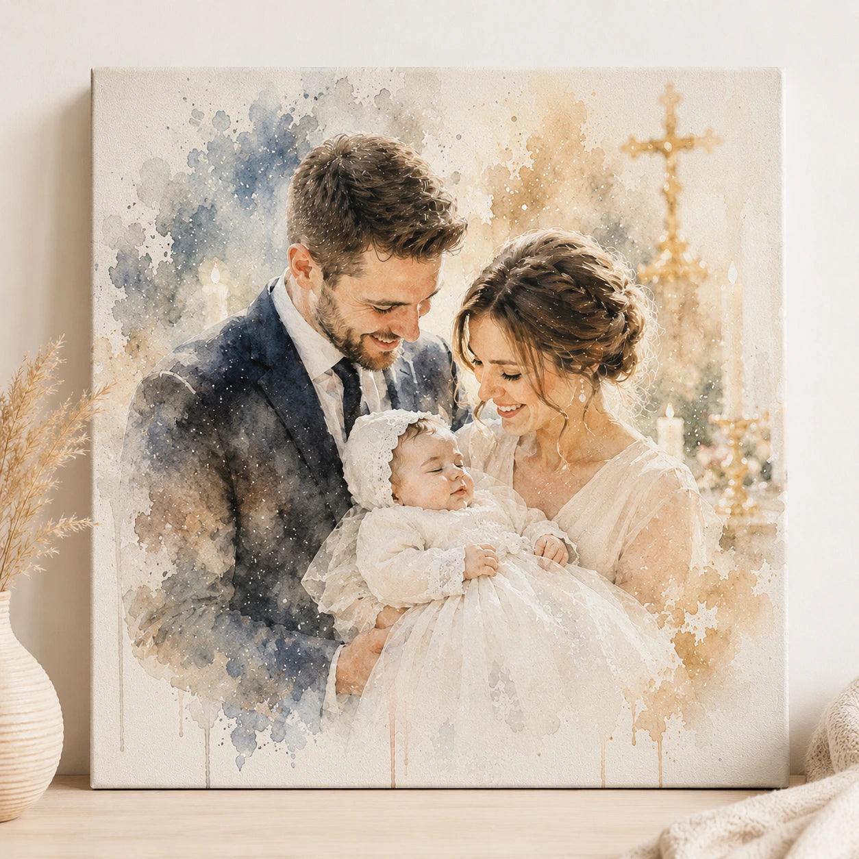 Custom Christening Portrait from Photo Personalised Baptism Watercolour Baby Gift
