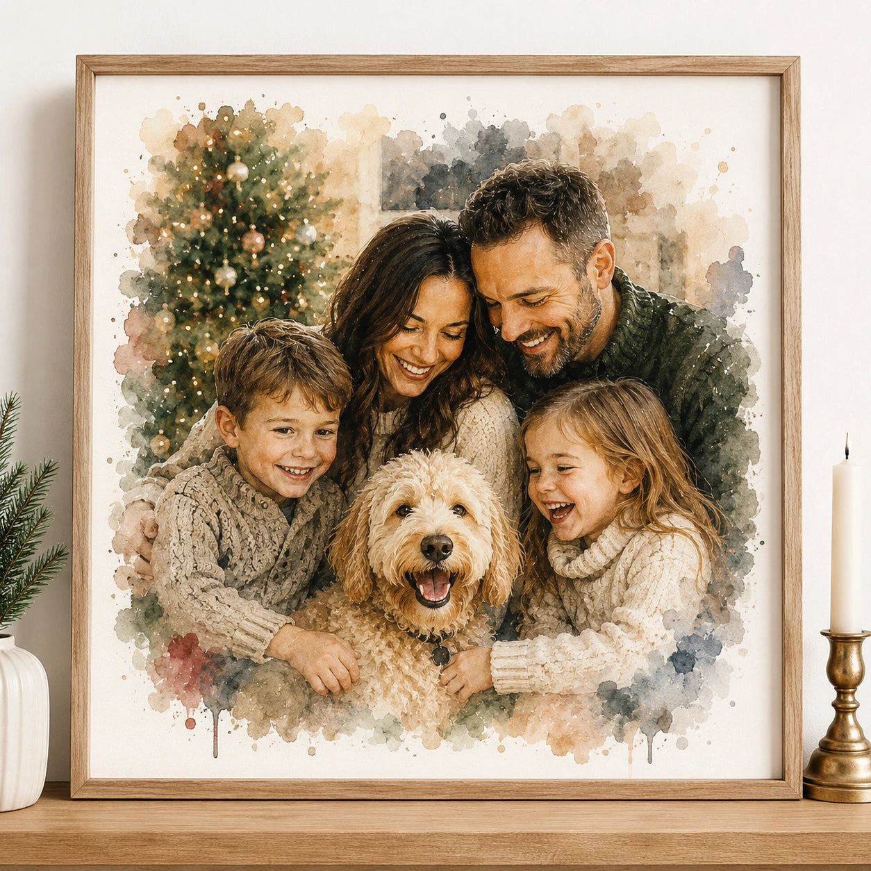 Christmas Family Watercolour Portrait from Photo Personalised Family Holiday Artwork Gift