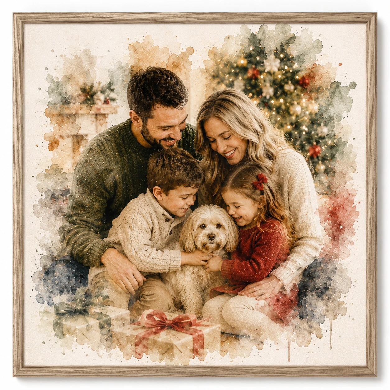 Christmas Family Watercolour Portrait from Photo Personalised Family Holiday Artwork Gift