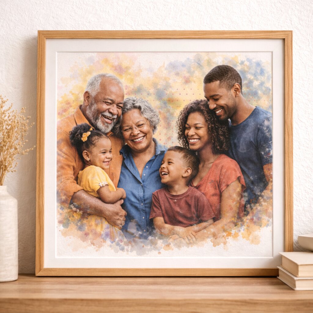 Bring Loved Ones Together Portrait – Even If They Never Met, Custom Watercolour Family Artwork from Photo