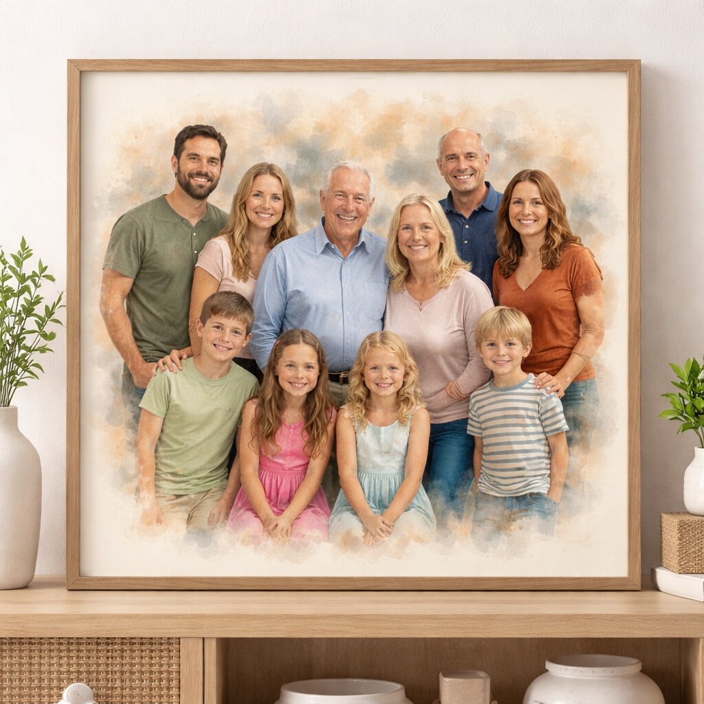 Generations Family Portrait Illustration – Custom Grandparents, Parents and Children Watercolour Family Artwork