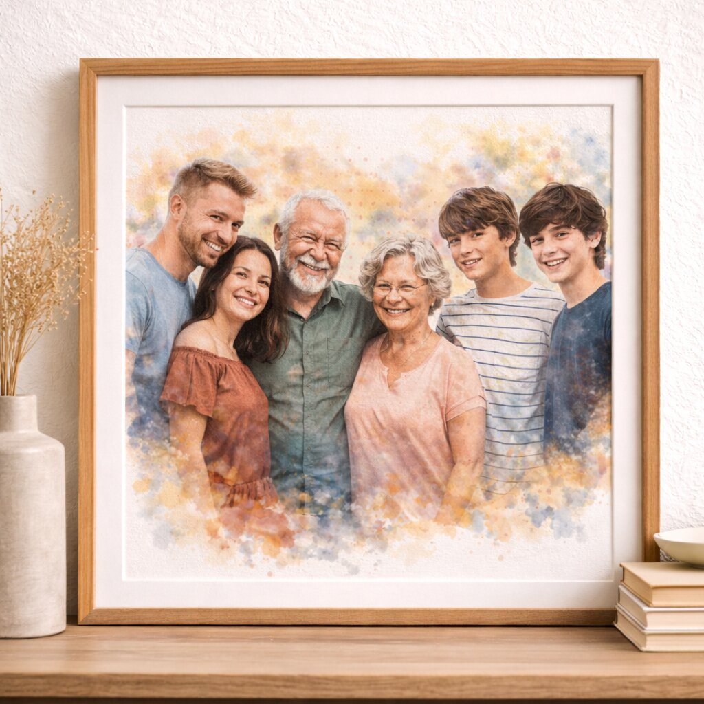 Generations Family Portrait Illustration – Custom Grandparents, Parents and Children Watercolour Family Artwork