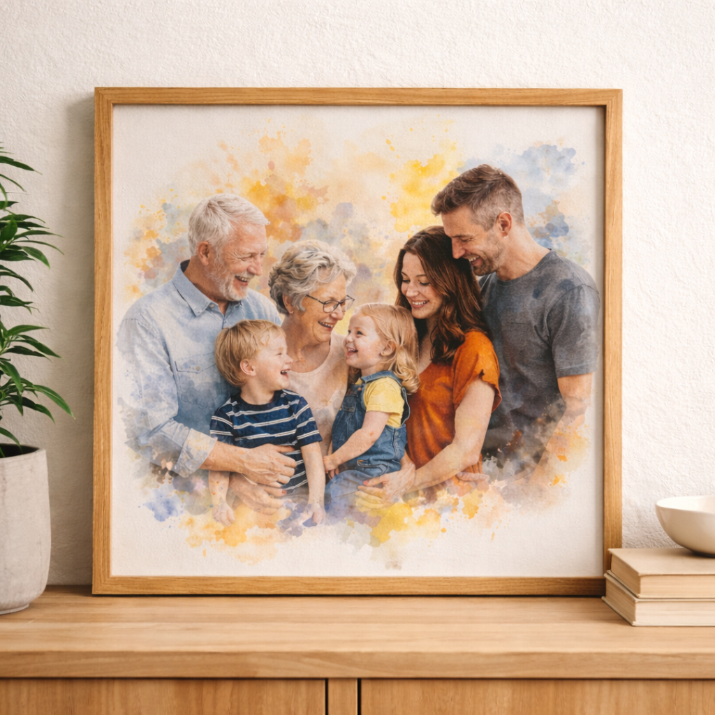 Generations Family Portrait Illustration – Custom Grandparents, Parents and Children Watercolour Family Artwork