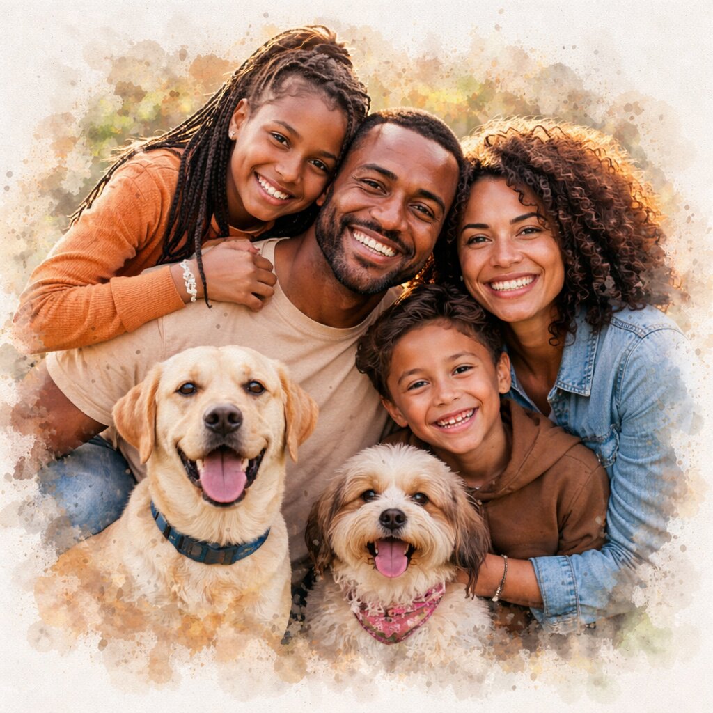 Family + Pets Watercolour Portrait – Custom Family and Pet Portrait from Photo