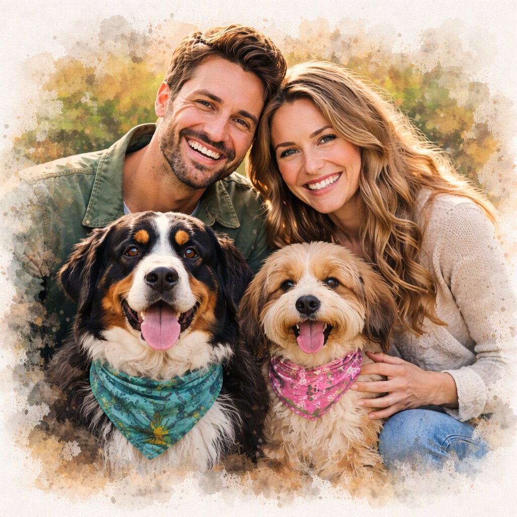 Family + Pets Watercolour Portrait – Custom Family and Pet Portrait from Photo
