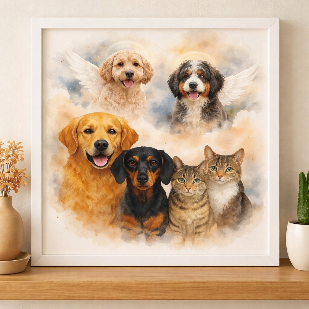Family of Pets Watercolour Portrait – Combine Living and Deceased Pets in One Custom Pet Memorial Artwork