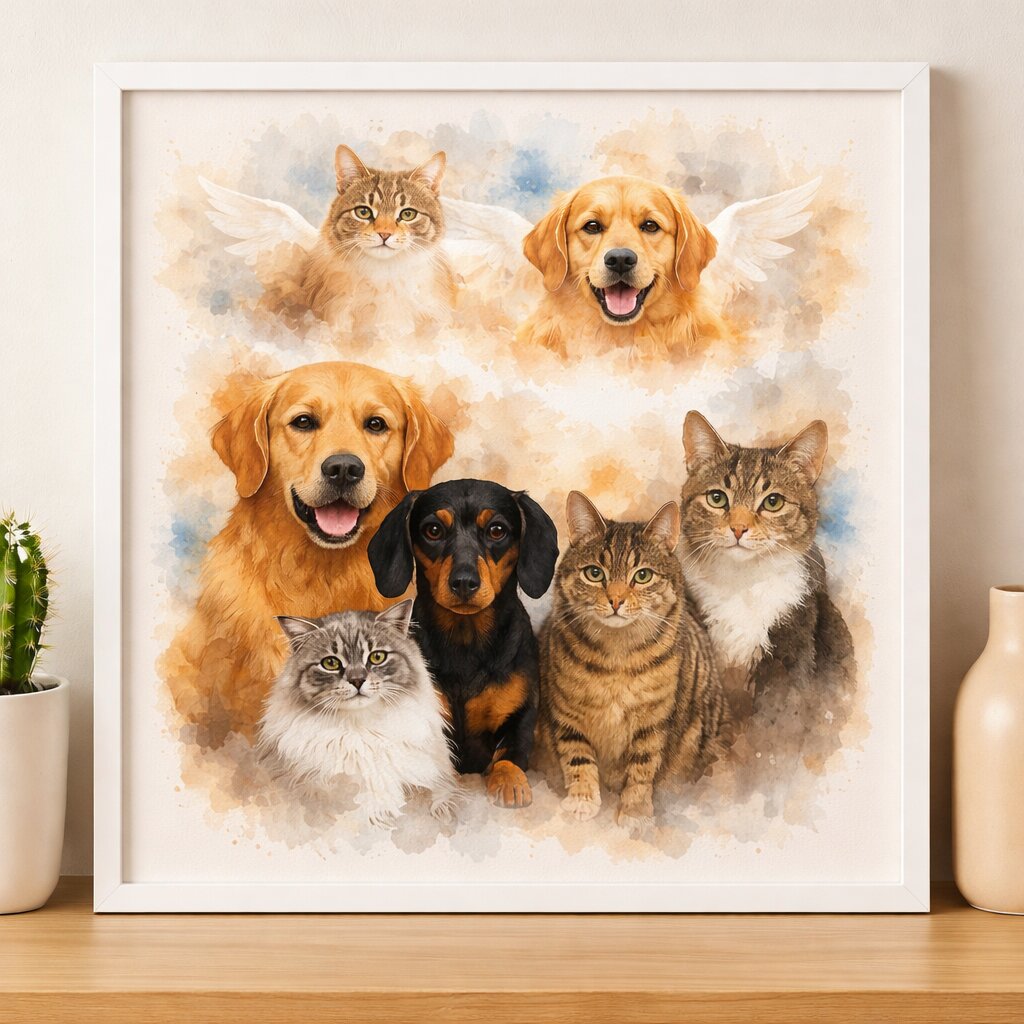 Family of Pets Watercolour Portrait – Combine Living and Deceased Pets in One Custom Pet Memorial Artwork