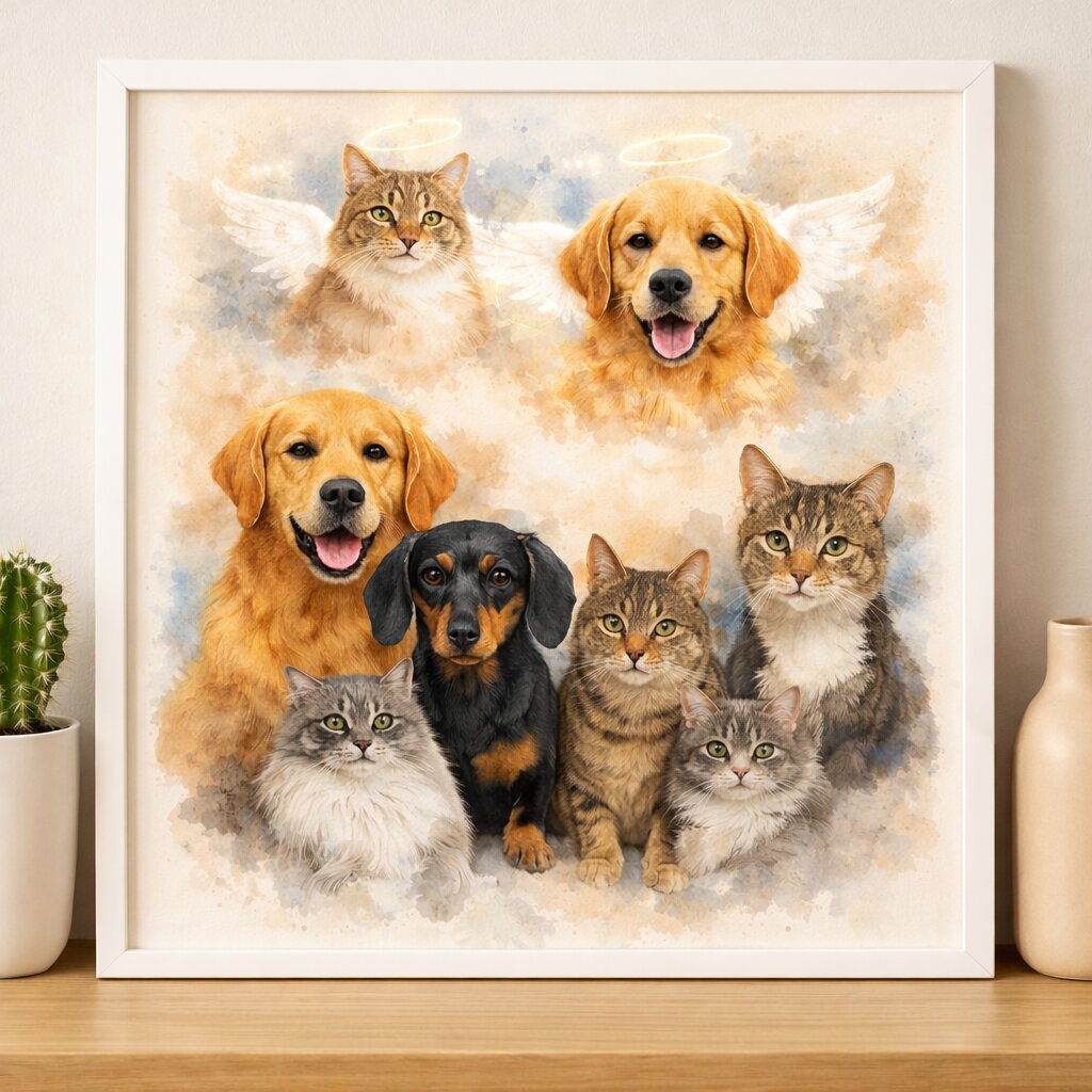 Family of Pets Watercolour Portrait – Combine Living and Deceased Pets in One Custom Pet Memorial Artwork