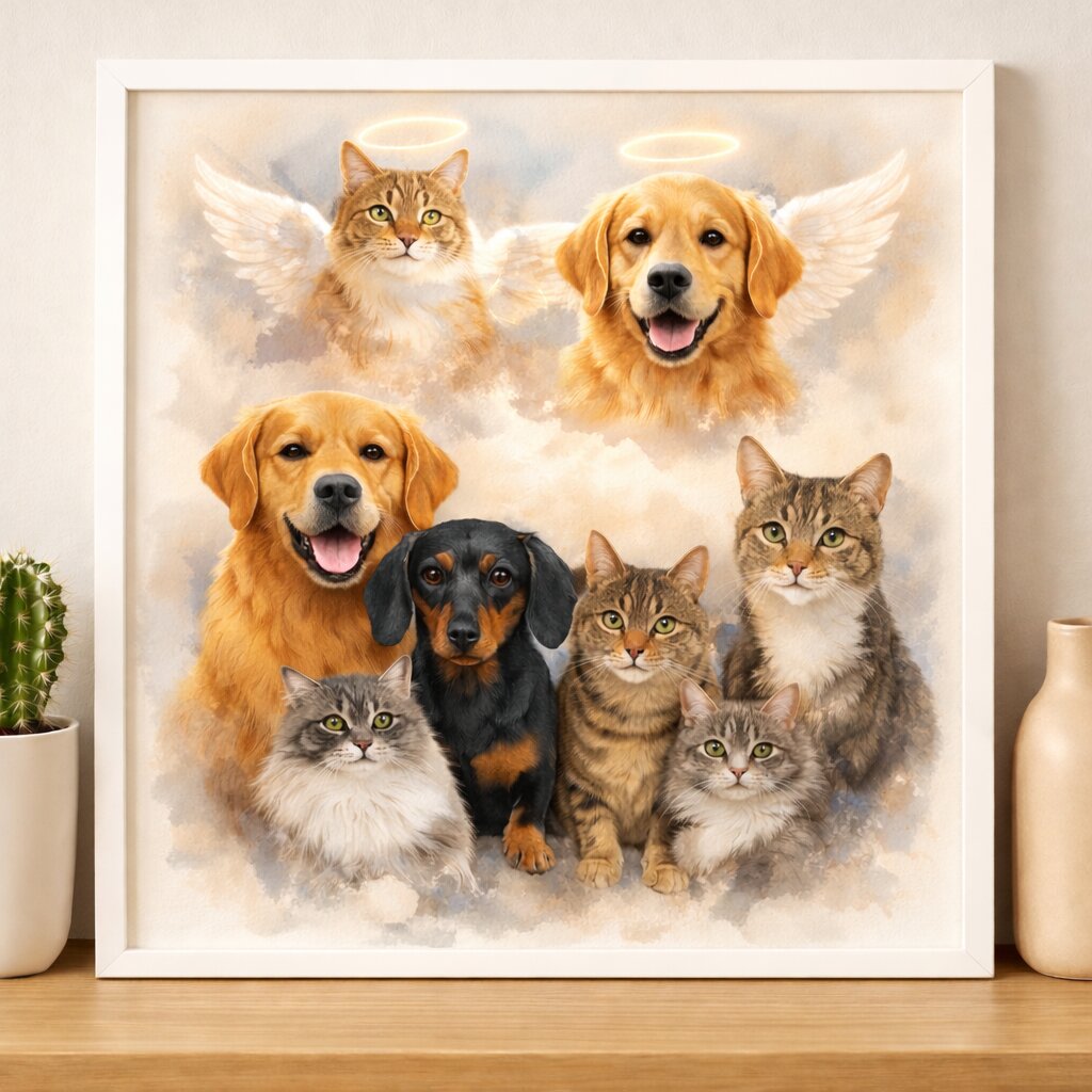 Family of Pets Watercolour Portrait – Combine Living and Deceased Pets in One Custom Pet Memorial Artwork