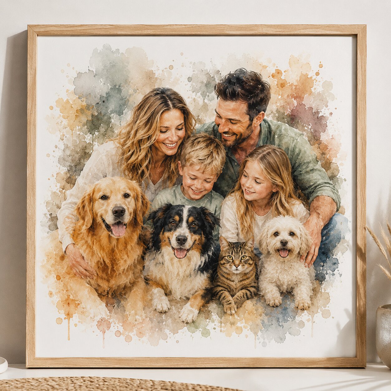 Custom Multi Pet Watercolour Portrait from Photo Personalised Dog and Cat Family Pet Artwork