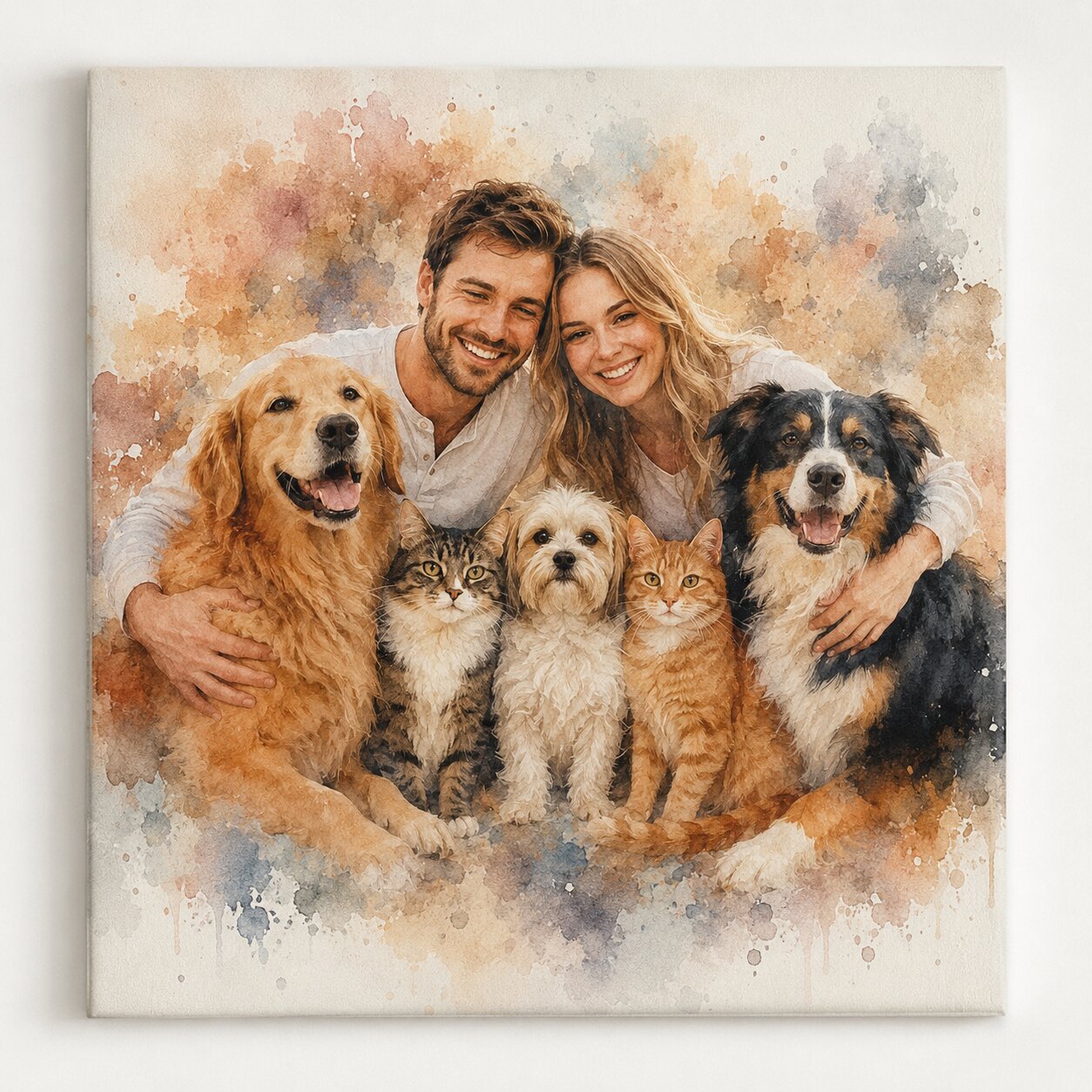 Custom Multi Pet Watercolour Portrait from Photo Personalised Dog and Cat Family Pet Artwork