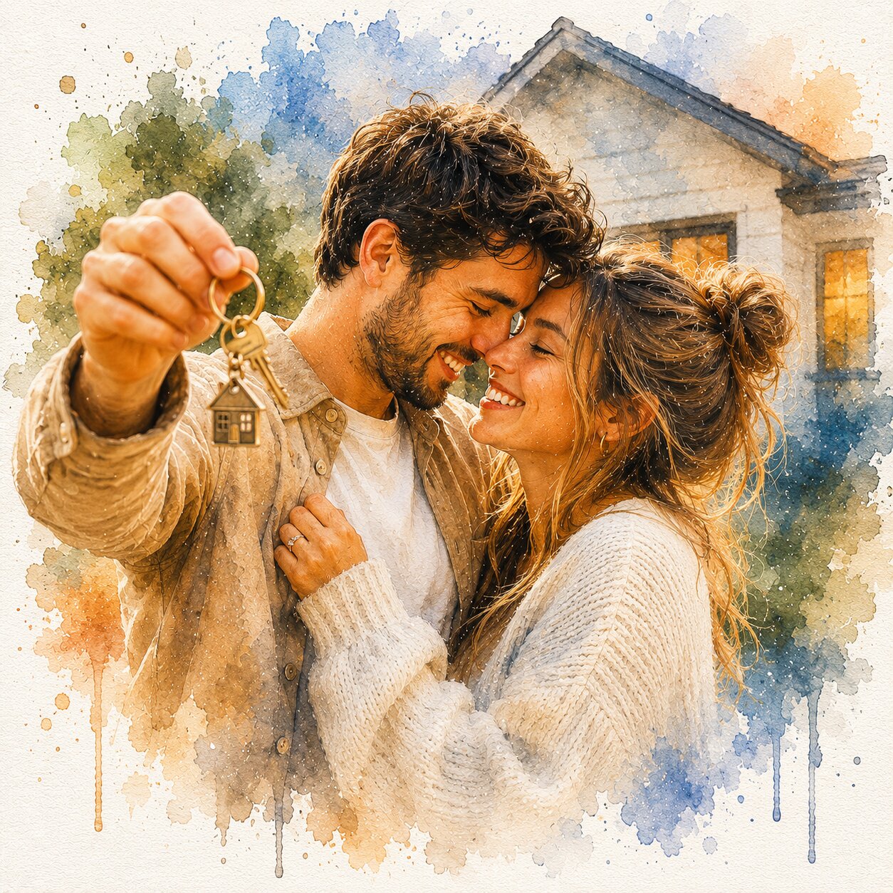 First Home Couple Portrait Personalised Watercolour New Home Wall Art from Photo