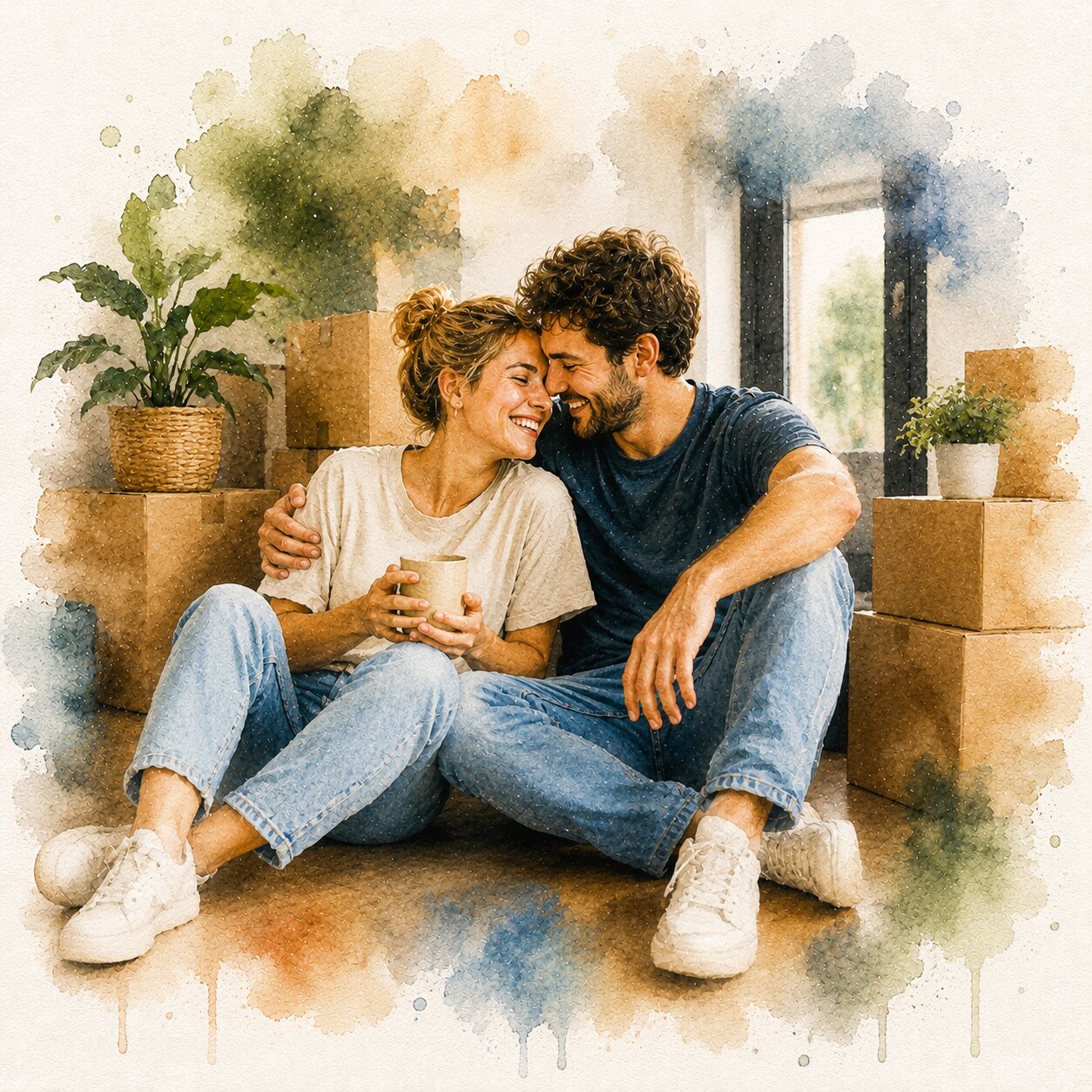 First Home Couple Portrait Personalised Watercolour New Home Wall Art from Photo