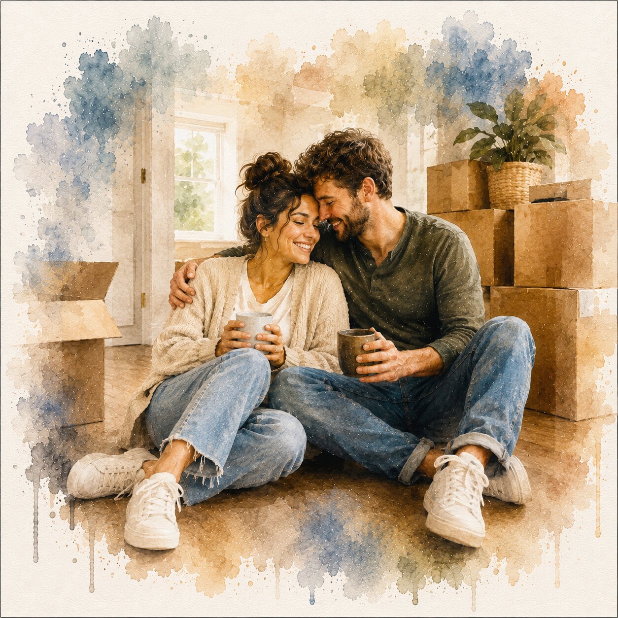 First Home Couple Portrait Personalised Watercolour New Home Wall Art from Photo
