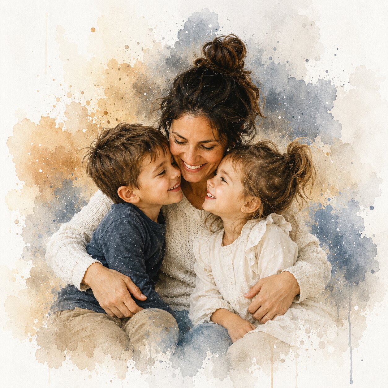 Single Parent Family Portrait Personalised Watercolour Artwork from Photo for Mum or Dad
