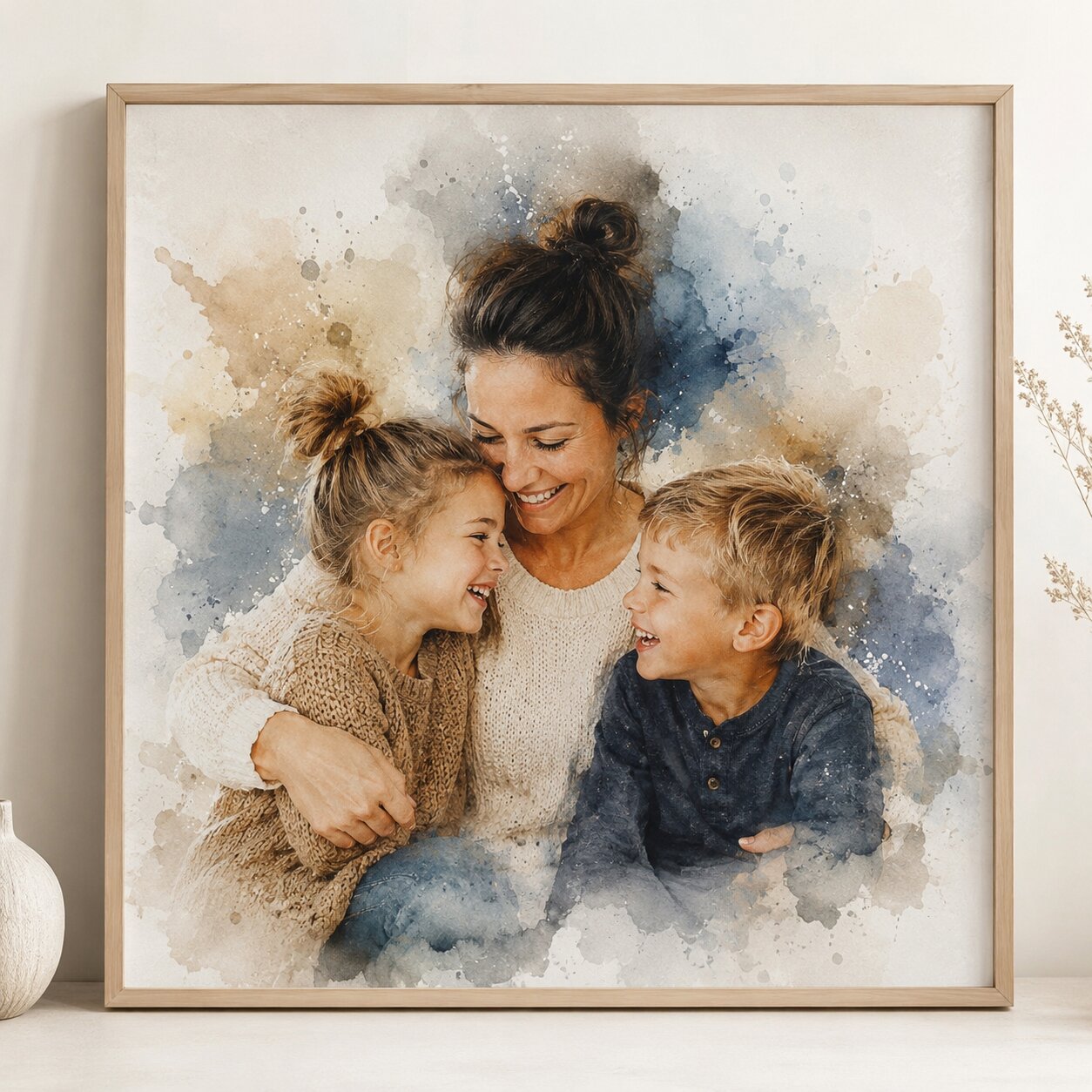 Single Parent Family Portrait Personalised Watercolour Artwork from Photo for Mum or Dad