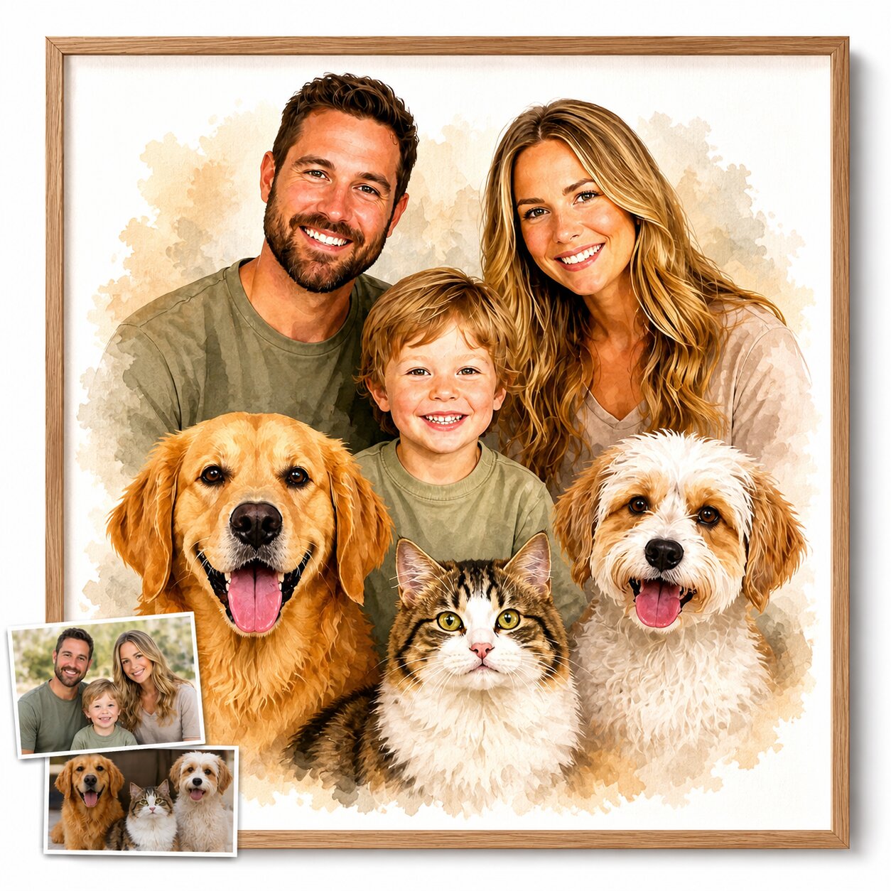 Combine Family & Pets Into One Watercolour Portrait – Custom Family and Pet Portrait from Photo