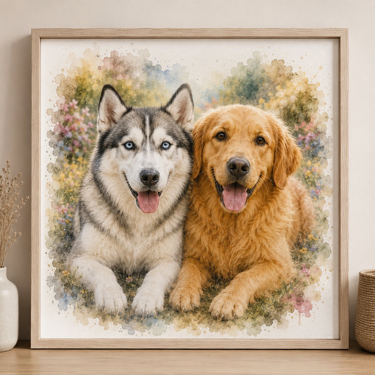 Two Dogs Custom Watercolour Portrait from Photo Personalised Double Dog Artwork Gift