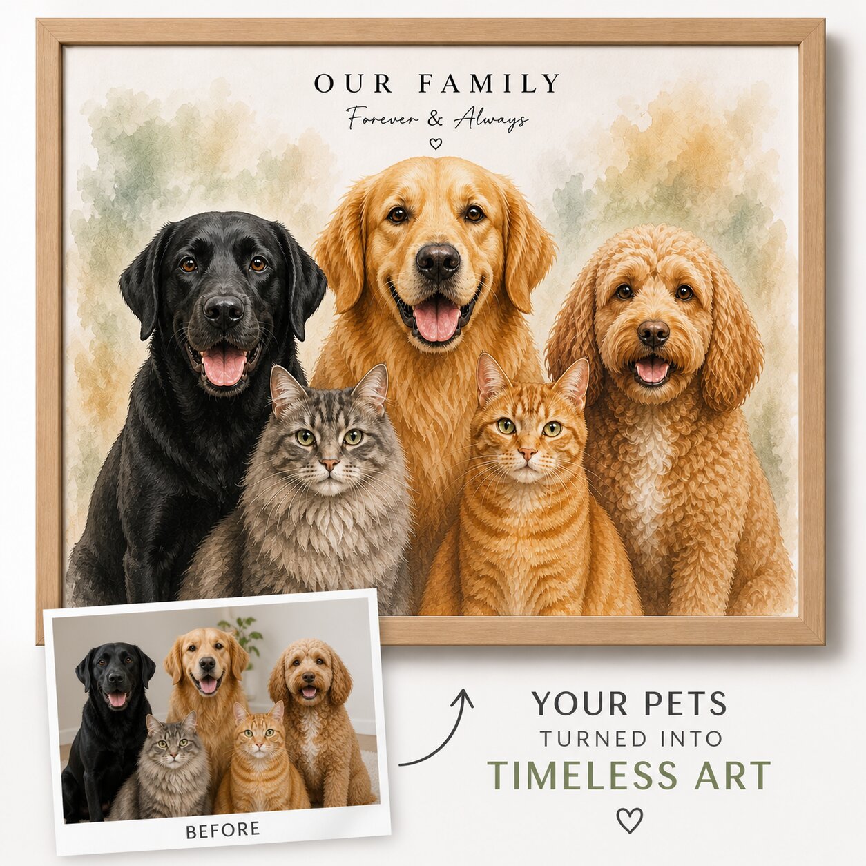 Custom Pet Family Watercolor Portrait – Unique Fur Illustration