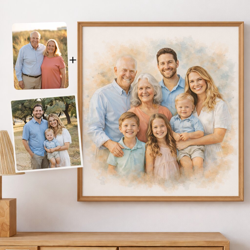 Bring Loved Ones Together Portrait – Even If They Never Met, Custom Watercolour Family Artwork from Photo