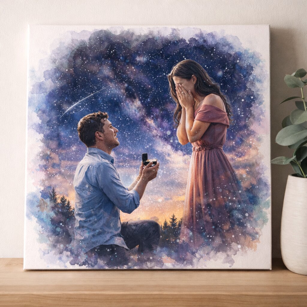 Custom Watercolour Portrait – Personalised Couple Watercolour Artwork of Special Date and Location