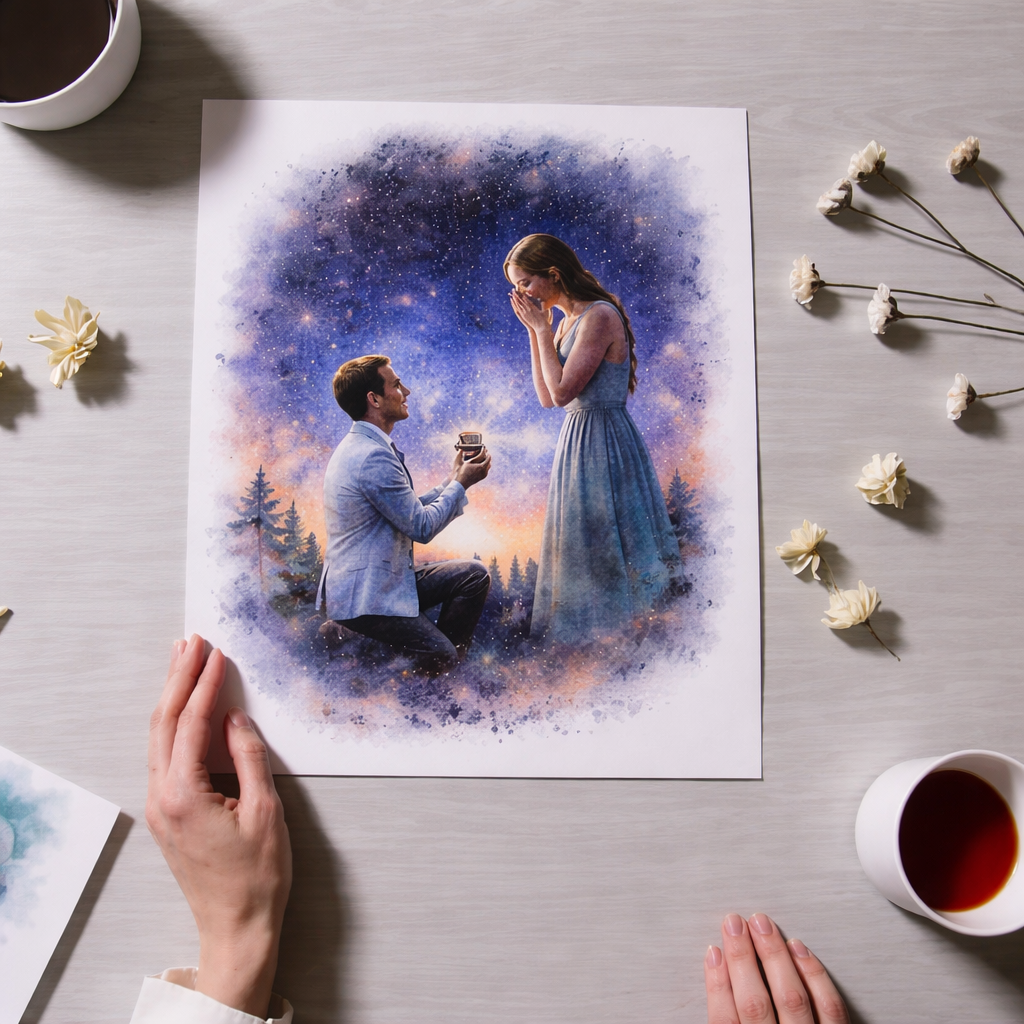 Custom Watercolour Portrait – Personalised Couple Watercolour Artwork of Special Date and Location